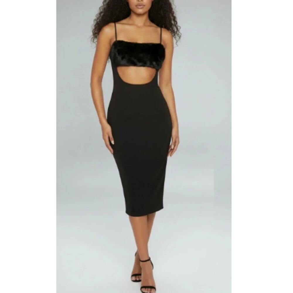 New Naked Wardrobe Women’s Black Faux Fur Cut Out Bodycon Midi Dress Size S